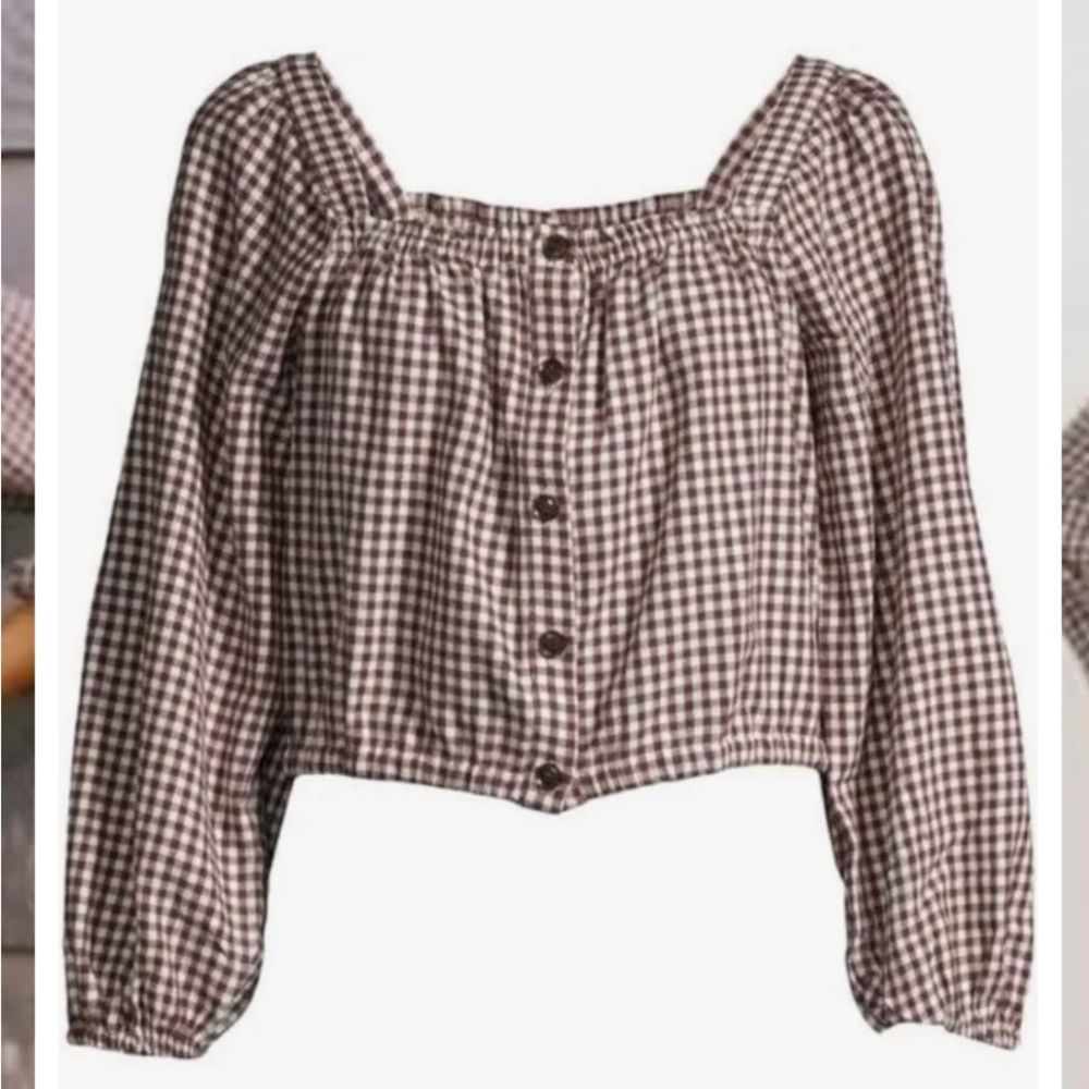Madewell brown gingham off the shoulder shirt.